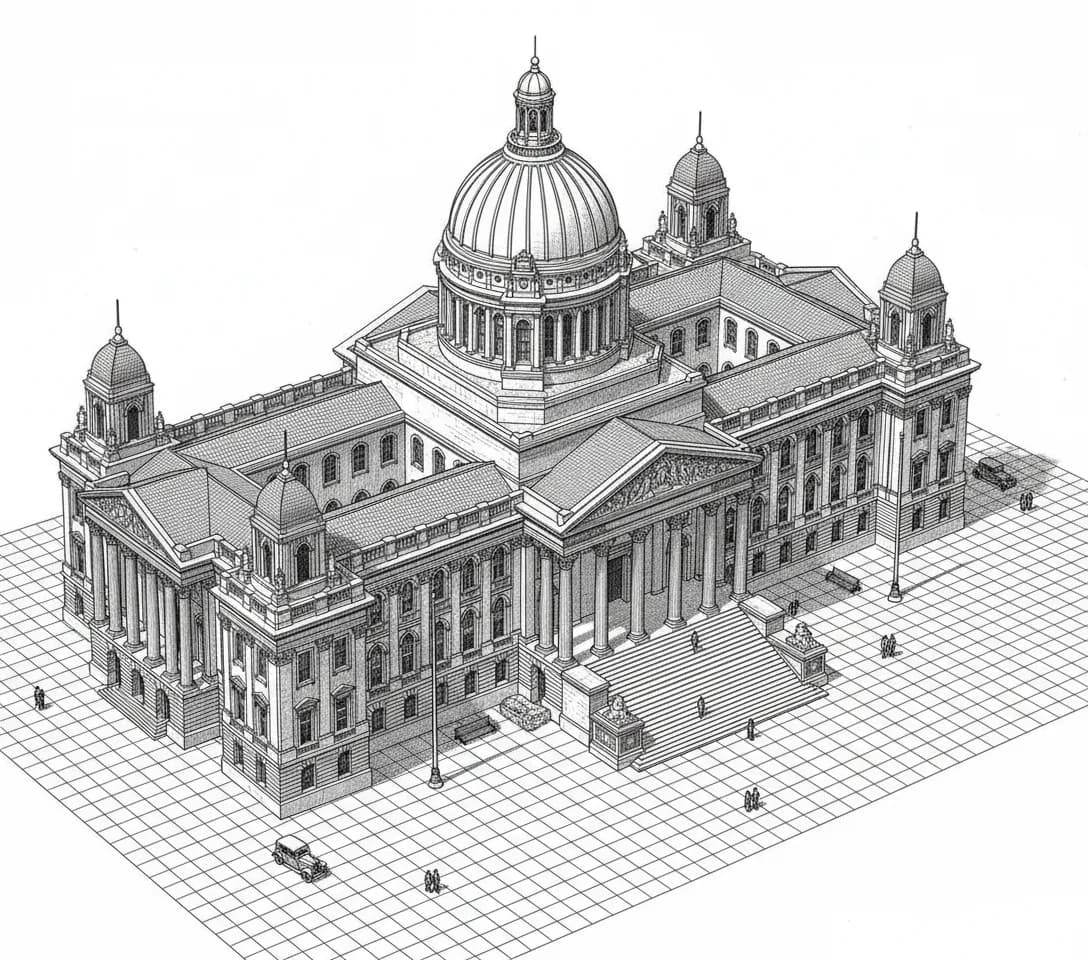 An isometric line engraving of a domed civic building with colonnaded wings, seen from above across a gridded plaza