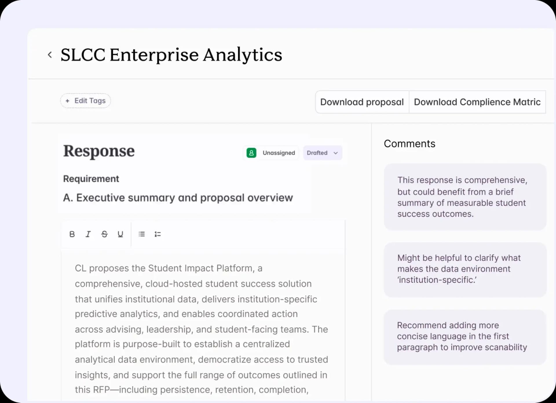 Starbridge AI Proposal Writer drafting a tailored RFP response
